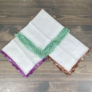 3 Vintage Monogram B Lady’s Handkerchief Hankies Hand Crochet Edges